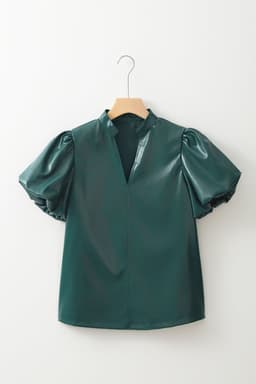 image-Sea Green PU Leather V-Neck Blouse Short Puff Sleeves