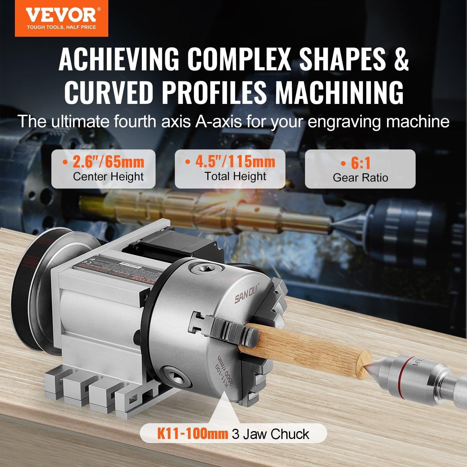 image-VEVOR Dividing Head, K11-100mm 3-Jaw Chuck, CNC Router Milling Machine Rotational Axis 4th Axis A Axis Indexing Head, 2.6"/65 mm Center Height MT2 Tailstock 6:1 Gear Ratio, Universal for Engraving