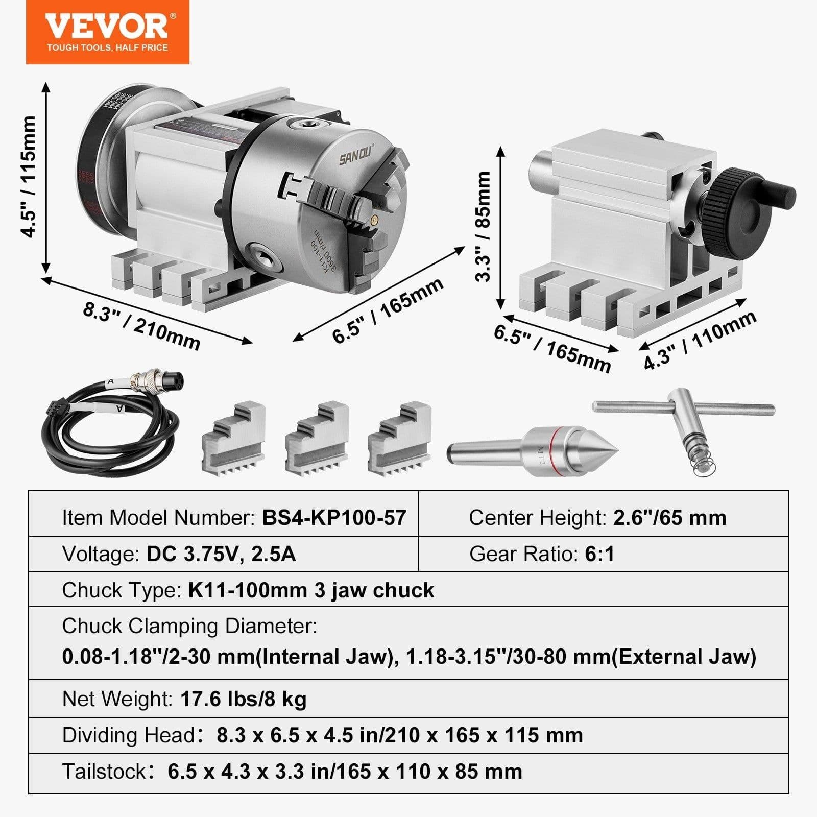 image-VEVOR Dividing Head, K11-100mm 3-Jaw Chuck, CNC Router Milling Machine Rotational Axis 4th Axis A Axis Indexing Head, 2.6"/65 mm Center Height MT2 Tailstock 6:1 Gear Ratio, Universal for Engraving