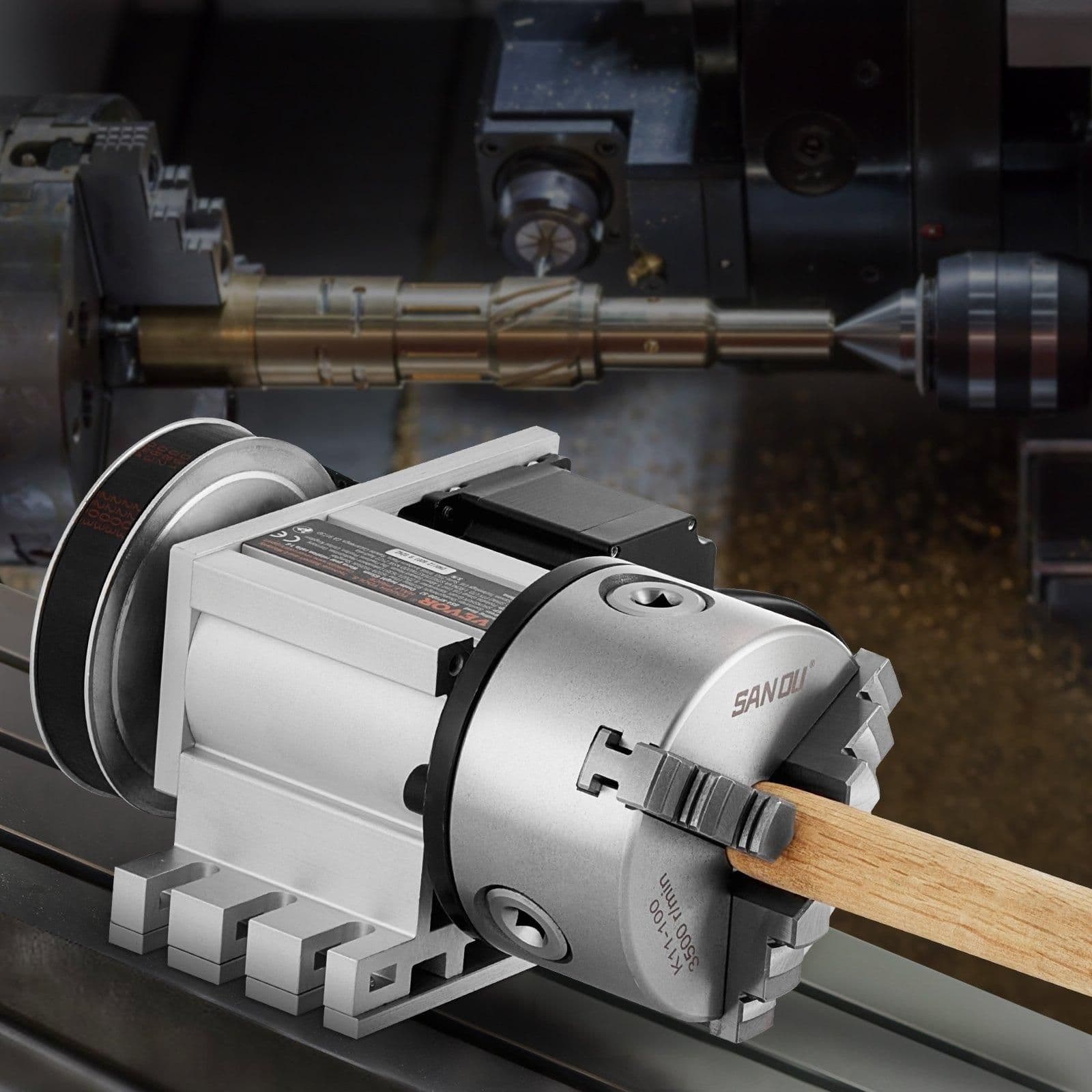 image-VEVOR Dividing Head, K11-100mm 3-Jaw Chuck, CNC Router Milling Machine Rotational Axis 4th Axis A Axis Indexing Head, 2.6"/65 mm Center Height MT2 Tailstock 6:1 Gear Ratio, Universal for Engraving