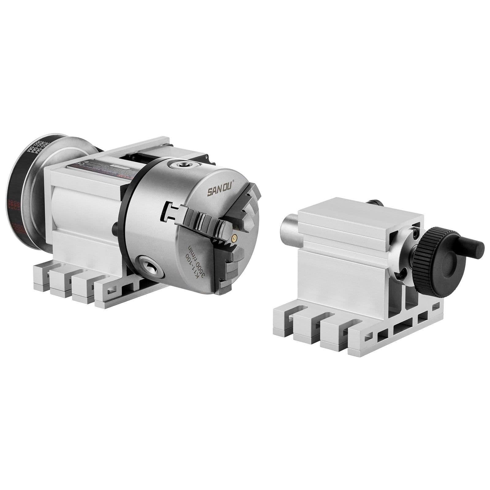 image-VEVOR Dividing Head, K11-100mm 3-Jaw Chuck, CNC Router Milling Machine Rotational Axis 4th Axis A Axis Indexing Head, 2.6"/65 mm Center Height MT2 Tailstock 6:1 Gear Ratio, Universal for Engraving
