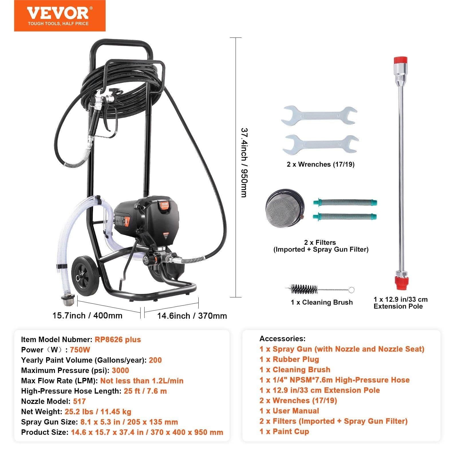 image-VEVOR 750W Stand Airless Paint Sprayer, 3000PSI High Efficiency Electric Airless Sprayer With Cart, Paint Sprayers for Home Interior and Exterior Furniture and Fences, Fine And Even Painting Effect