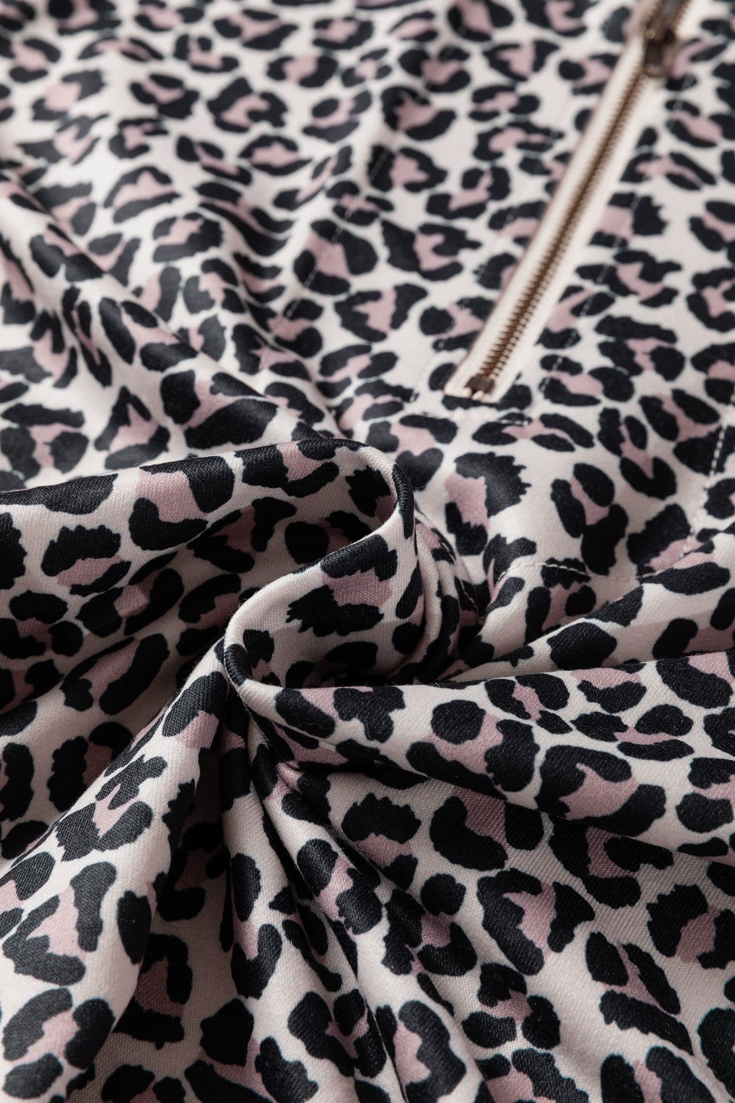 image-Khaki Leopard Print Half Zip Blouse