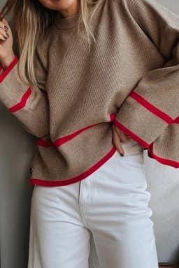 image-Simply Taupe Ribbed Knit Contrasted Stripe Detail Button Side Loose Sweater
