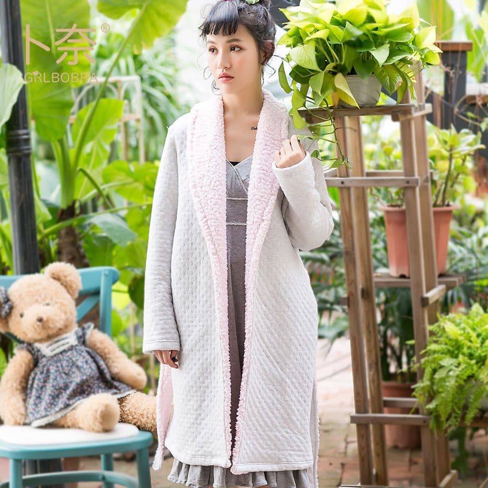 image-Bu Nai Women's Winter Cotton Pajamas - Grey Blue Lapel