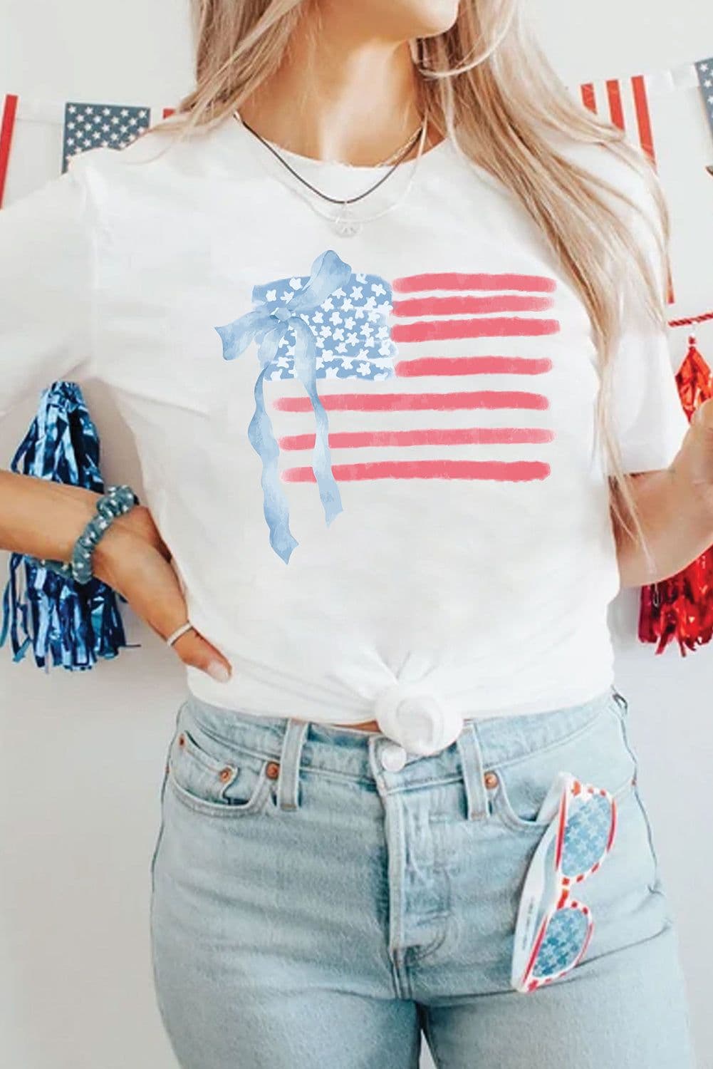 image-White American Flag Bow Knot T-Shirt