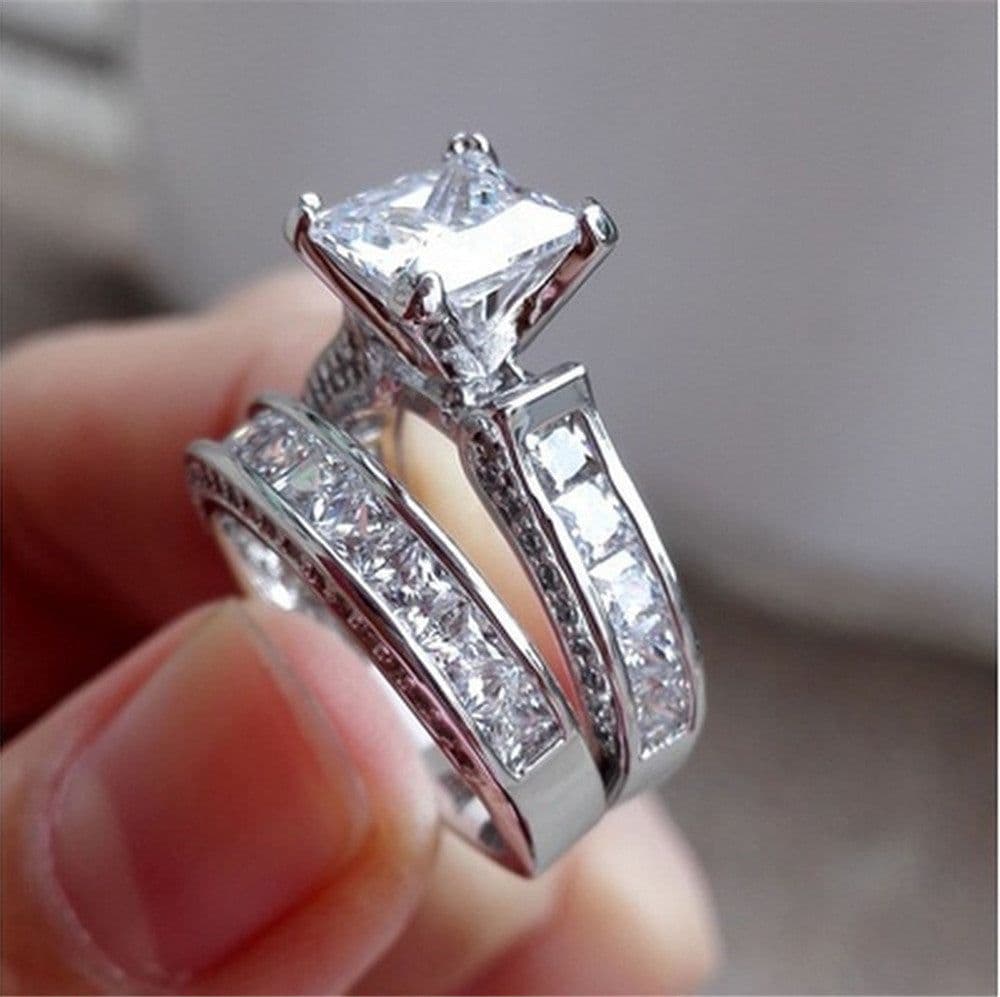 image-New Style Charm Couple Rings His Her Silver Color Princess Cut CZ Anniversary Promise Wedding Engagement Ring Sets
