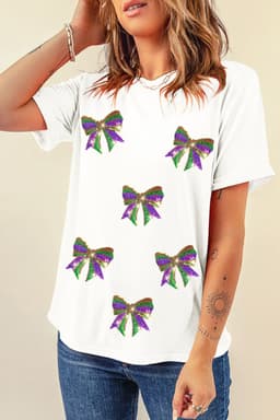 image-Mardi Gras Bow Graphic Sequin Crewneck Tee - White