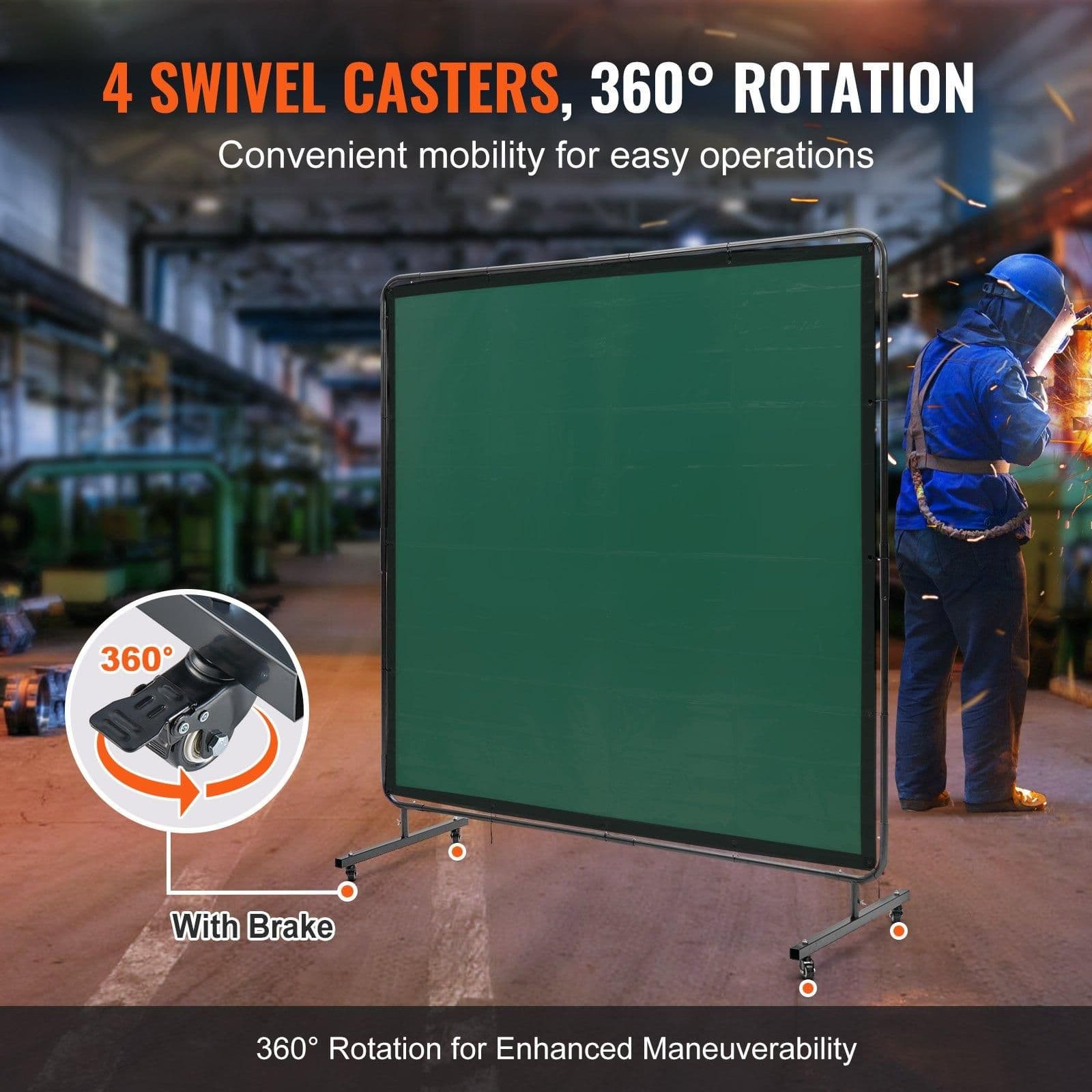 image-VEVOR Welding Screen with Frame, 6' x 6' Welding Curtain Screen, Flame-Resistant Vinyl Welding Protection Screen on 4 Swivel Wheels (2 Lockable), Moveable & Professional for Workshop/Industrial, Green
