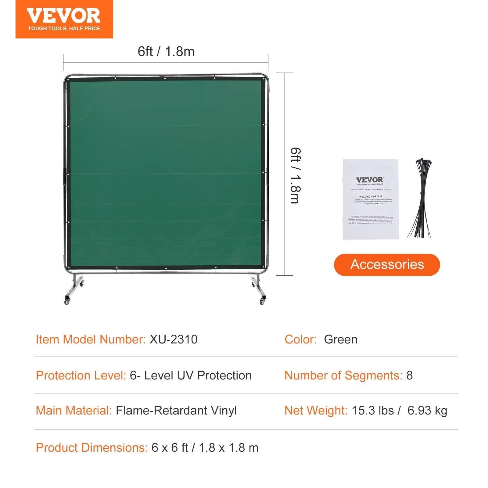 image-VEVOR Welding Screen with Frame, 6' x 6' Welding Curtain Screen, Flame-Resistant Vinyl Welding Protection Screen on 4 Swivel Wheels (2 Lockable), Moveable & Professional for Workshop/Industrial, Green