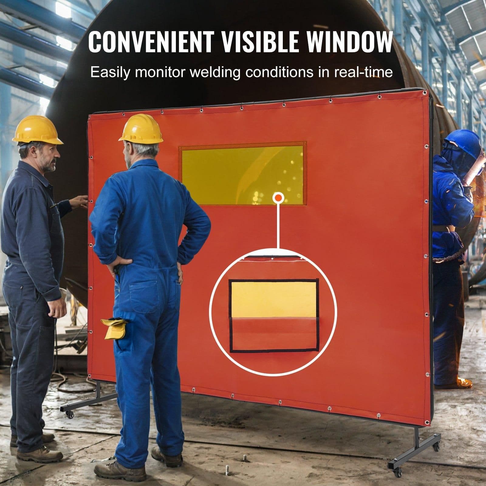 image-VEVOR Welding Screen with Frame, 6' x 8' Welding Curtain Screens, Flame-Resistant Vinyl Welding Protection Screen with 4 Swivel Wheels (2 Lockable) & Transparent Window for Workshop/Industrial, Red