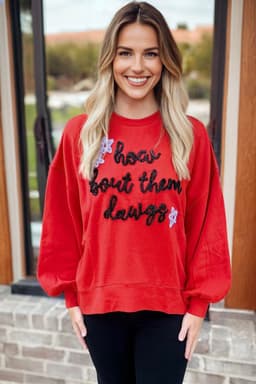 image-How Bout Them Dawgs Embroidered Balloon Sleeve Sweatshirt Red