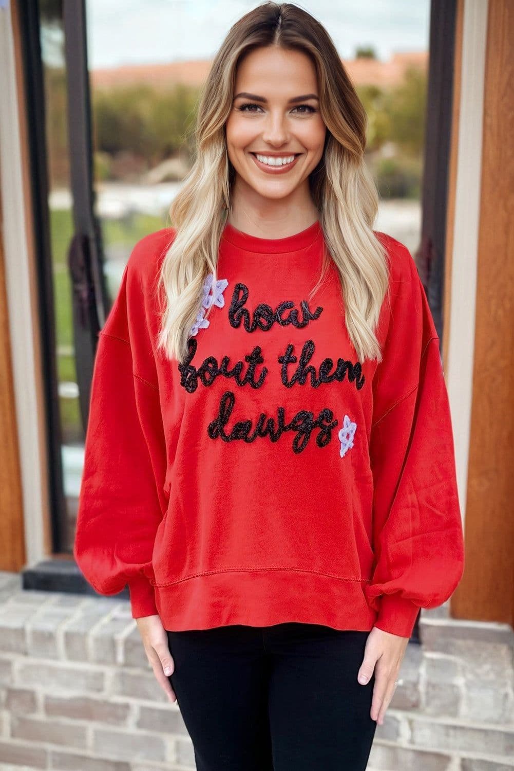 image-How Bout Them Dawgs Embroidered Balloon Sleeve Sweatshirt Red