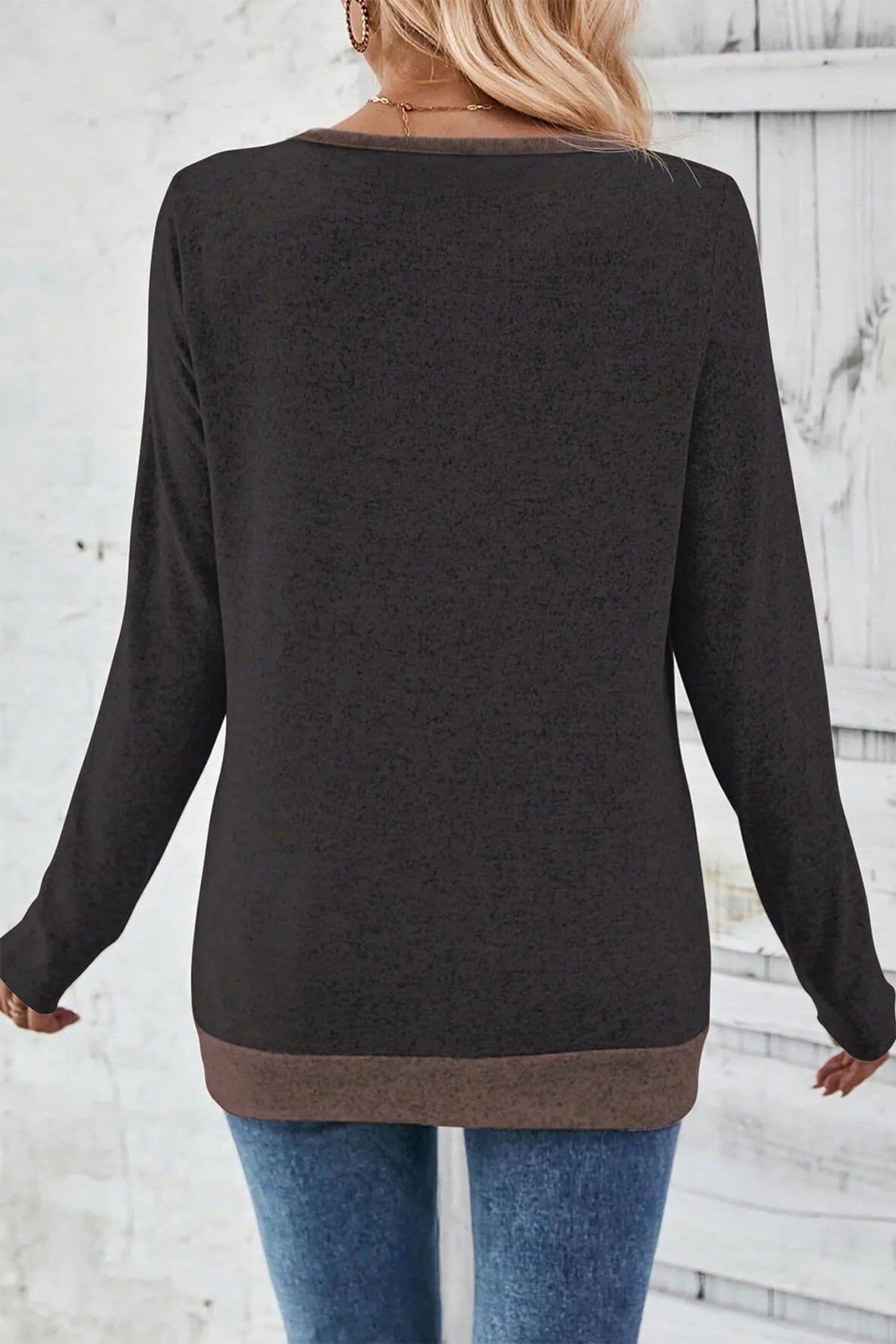 image-Chicory Color Block V Neck Long Sleeve Top