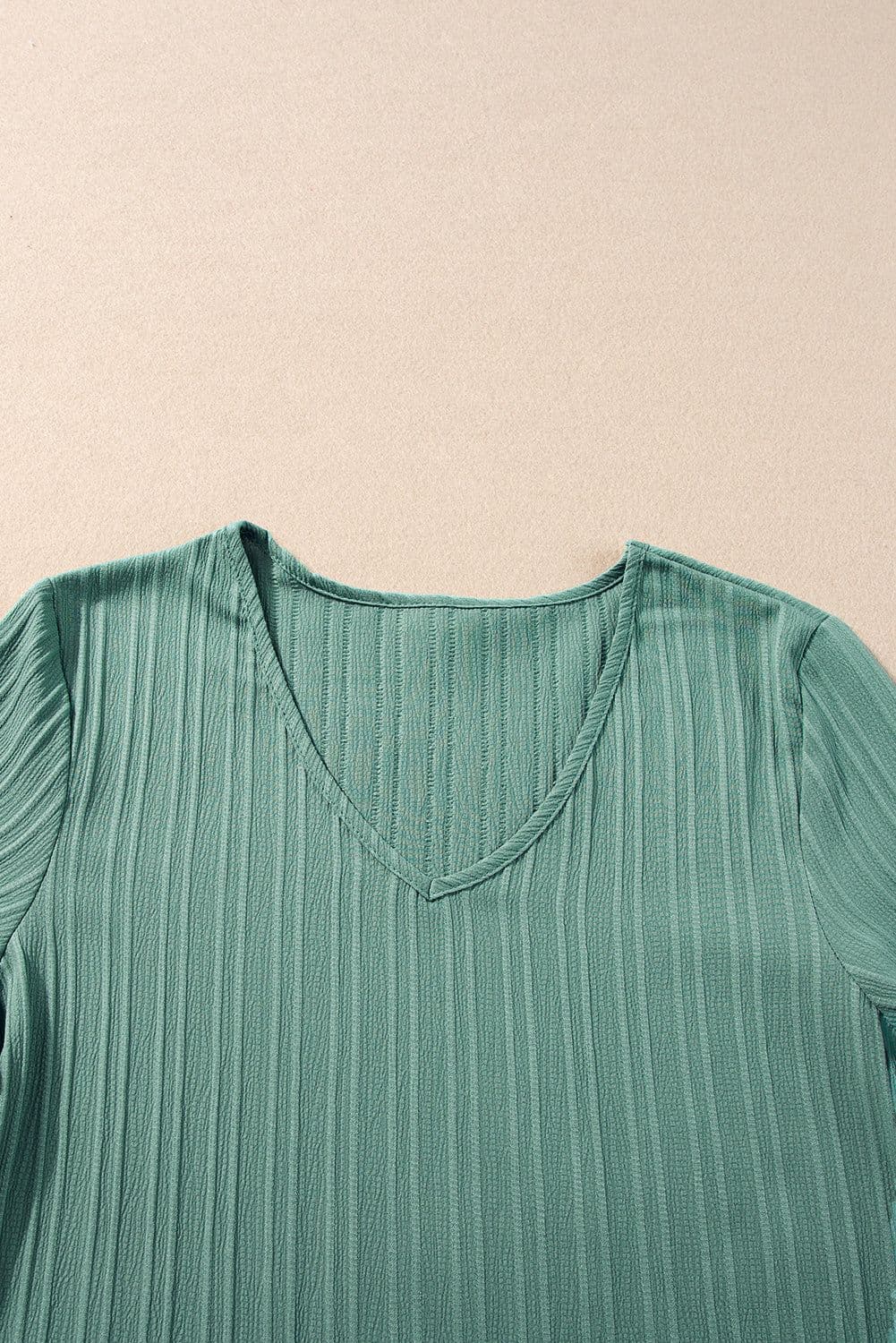 image-Peach Blossom Ruffled Half Sleeve V Neck Textured Top