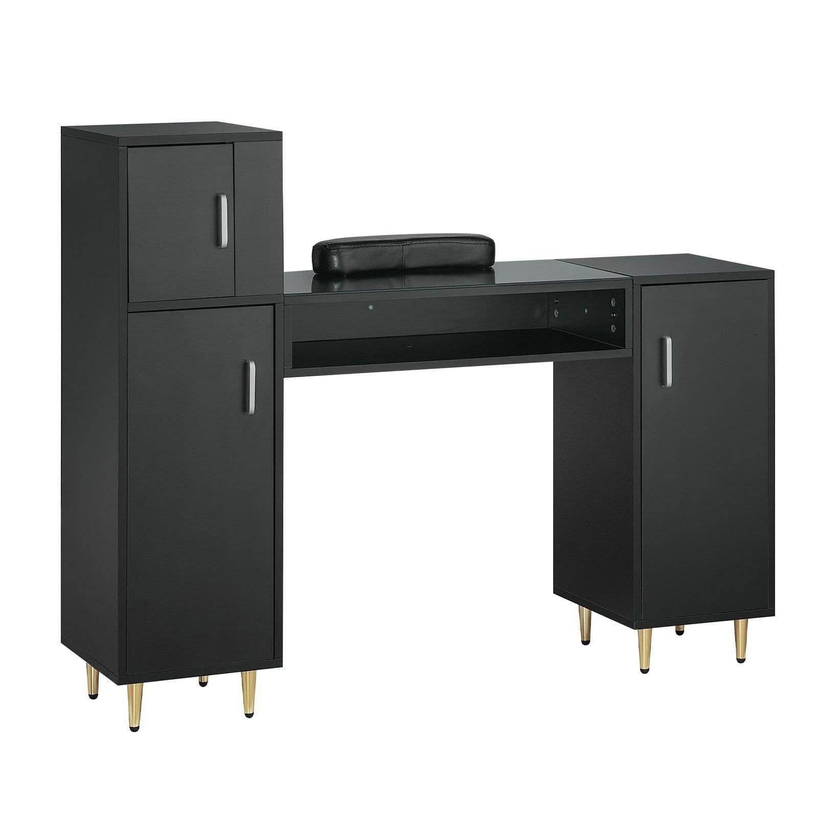 image-VEVOR Manicure Table, Glass Top Nail Desk, Makeup Dressing Nail Station with Storage Cabinets, Acetone-Resistant Nail Tech Table for Spa Beauty Salon Workstation with Wrist Rest, 8 Metal Legs, Black