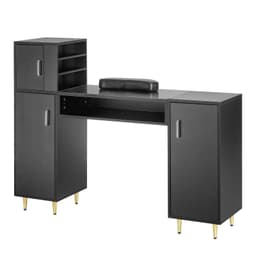 image-VEVOR Manicure Table, Glass Top Nail Desk, Makeup Dressing Nail Station with Storage Cabinets, Acetone-Resistant Nail Tech Table for Spa Beauty Salon Workstation with Wrist Rest, 8 Metal Legs, Black