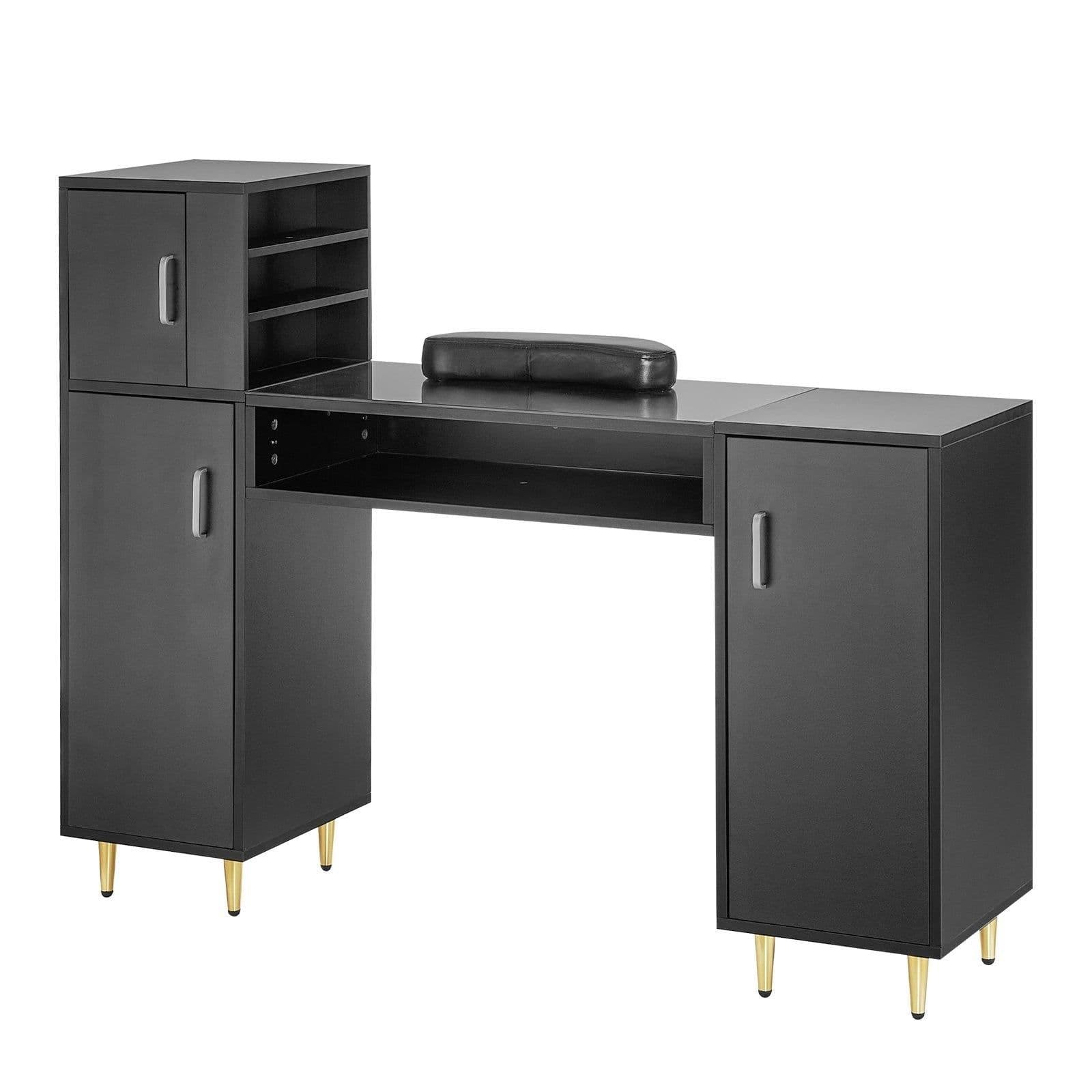 image-VEVOR Manicure Table, Glass Top Nail Desk, Makeup Dressing Nail Station with Storage Cabinets, Acetone-Resistant Nail Tech Table for Spa Beauty Salon Workstation with Wrist Rest, 8 Metal Legs, Black