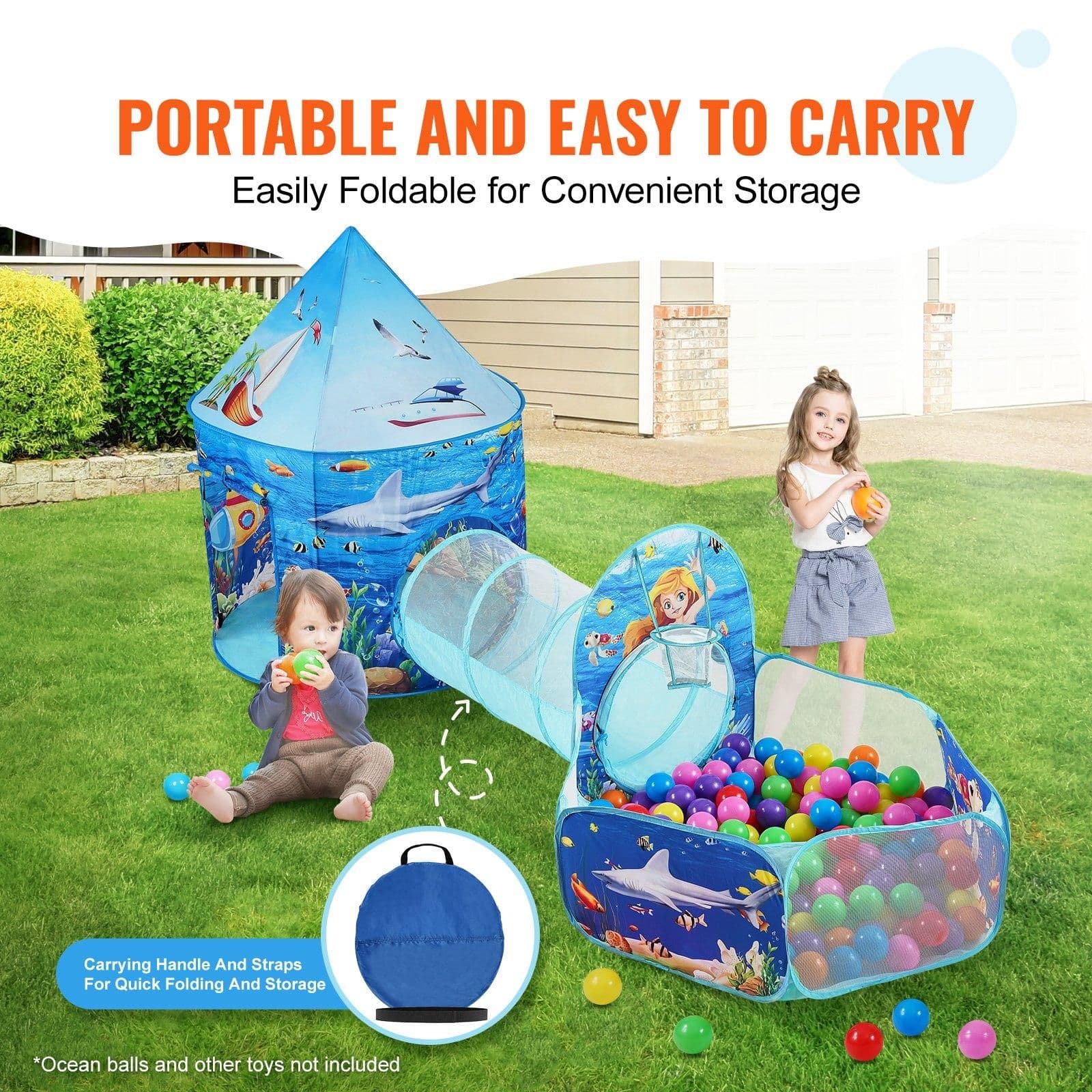 image-VEVOR 3 in 1 Kids Play Tent with Tunnel, Basketball Hoop for Boys, Girls, Babies and Toddlers, Indoor/Outdoor Pop Up Playhouse with Carrying Bag & Banding Straps Birthday Gifts, Blue Ocean