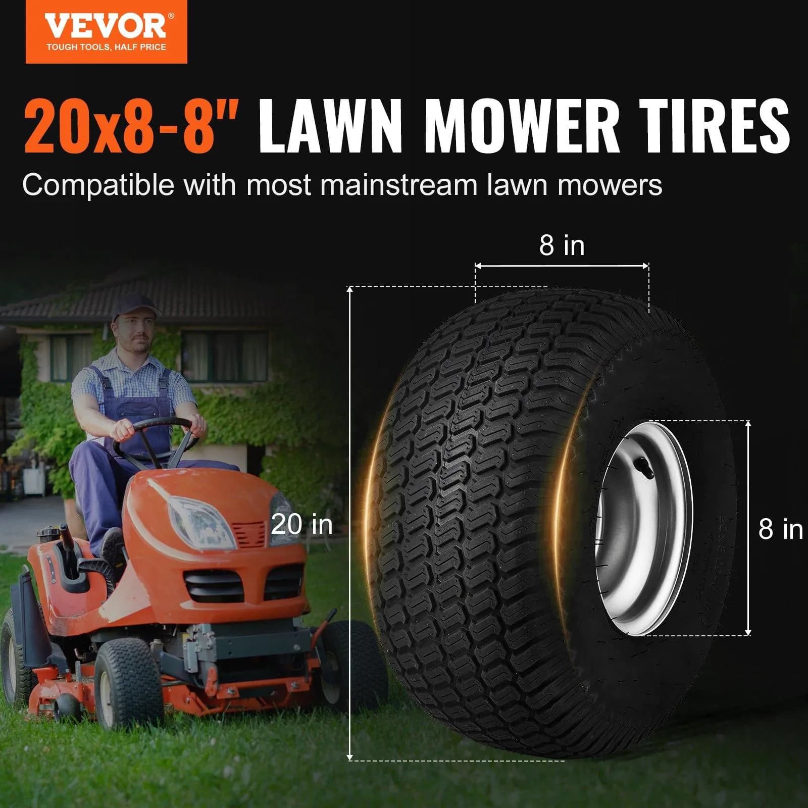 image-VEVOR Lawn Mower Tires with Rim, 20x8-8" Tubeless Tractor Tires, 2-Pack Tire and Wheel Assembly, S-Turf Pneumatic Tires with 3.5" Offset Hub and 3/4" Bushing Size, for Riding Mowers Lawn Tractors
