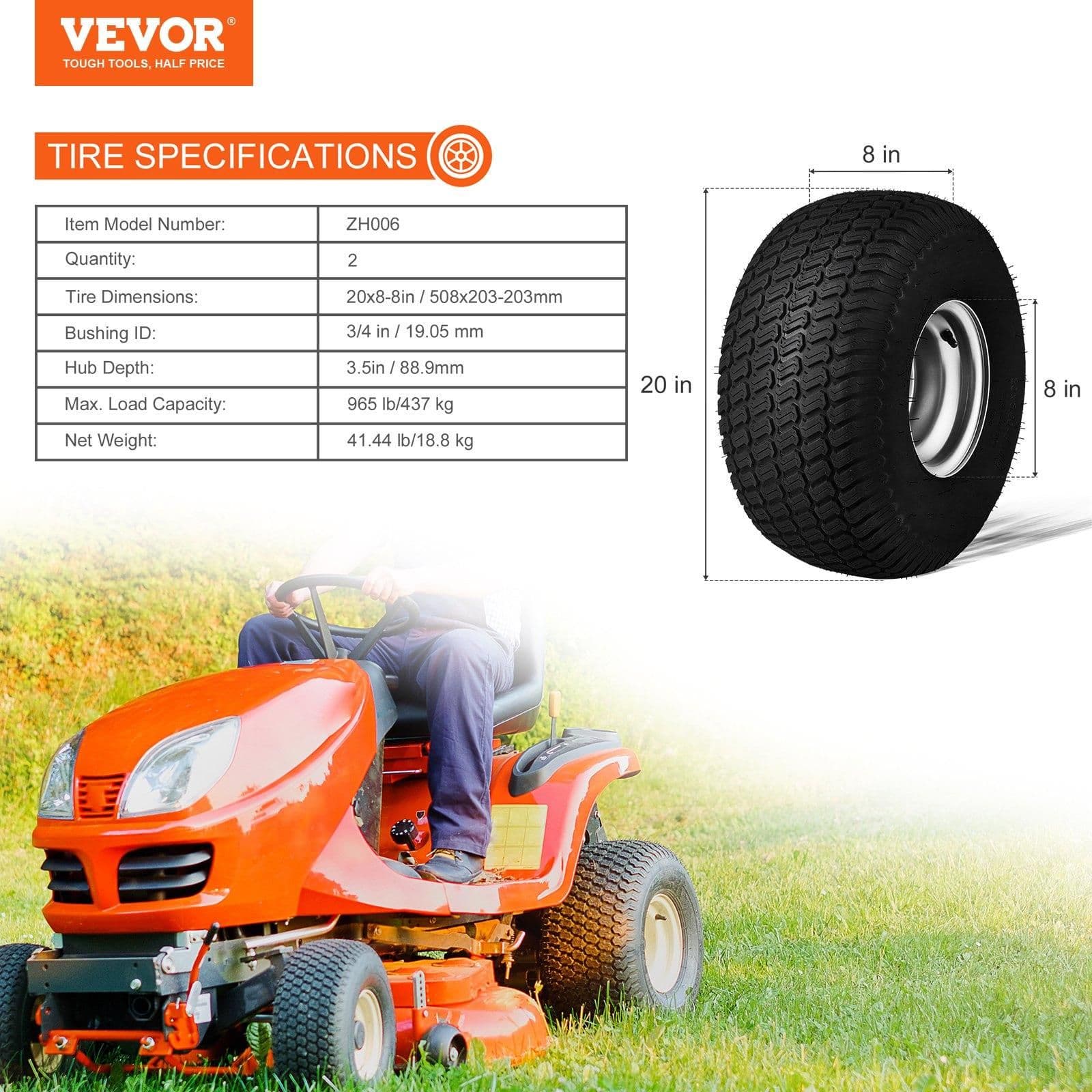 image-VEVOR Lawn Mower Tires with Rim, 20x8-8" Tubeless Tractor Tires, 2-Pack Tire and Wheel Assembly, S-Turf Pneumatic Tires with 3.5" Offset Hub and 3/4" Bushing Size, for Riding Mowers Lawn Tractors