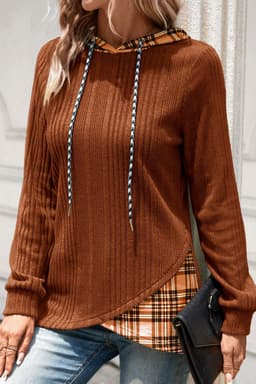 image-Chestnut Plaid Patchwork Ribbed Knit Hooded Top