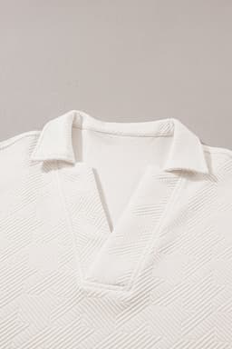 image-White Textured V Neck Collared Short Sleeve Top