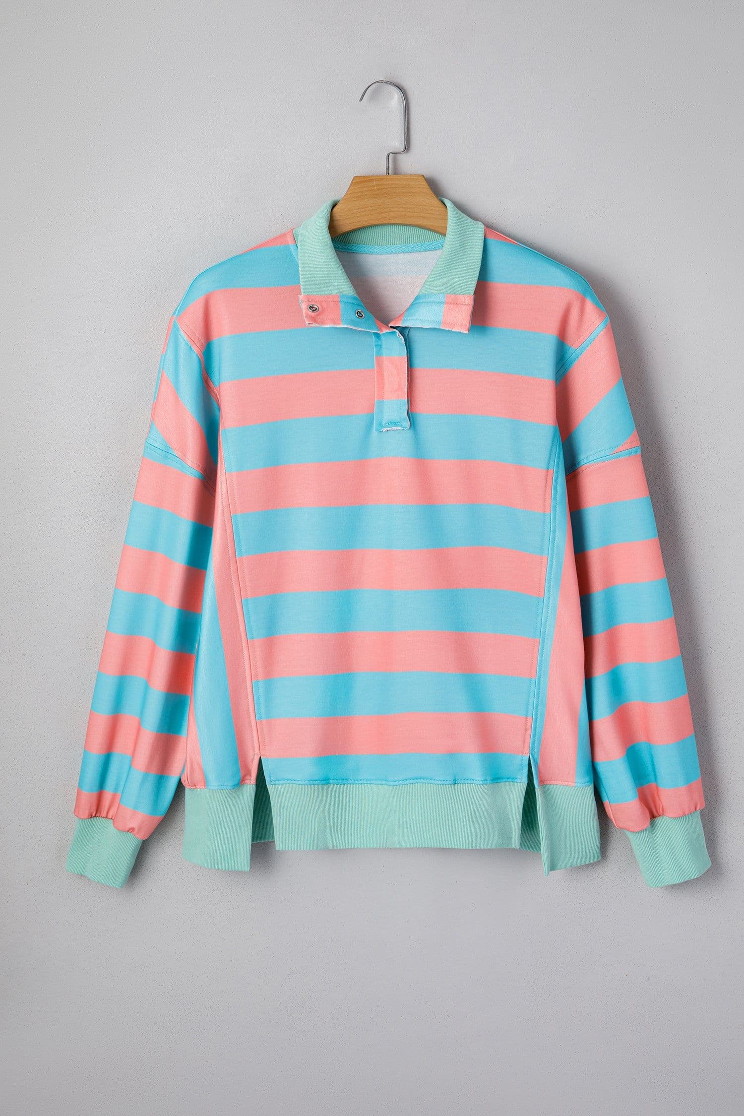 image-Pink Stripe Colorblock Drop Shoulder Pullover Top