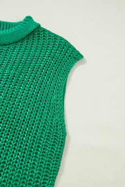 image-Bright Green Solid Color Knit High Neck Short Sleeve Sweater