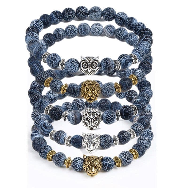 image-Jewelry European and American Jewelry 8MM Black Wind Fossil Agate Bracelet Alloy Leopard Head Beaded Bracelet