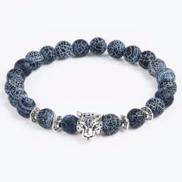 image-Jewelry European and American Jewelry 8MM Black Wind Fossil Agate Bracelet Alloy Leopard Head Beaded Bracelet