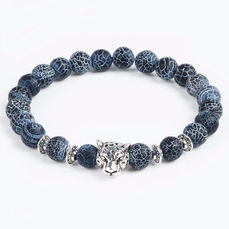 image-Jewelry European and American Jewelry 8MM Black Wind Fossil Agate Bracelet Alloy Leopard Head Beaded Bracelet