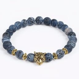 image-Jewelry European and American Jewelry 8MM Black Wind Fossil Agate Bracelet Alloy Leopard Head Beaded Bracelet