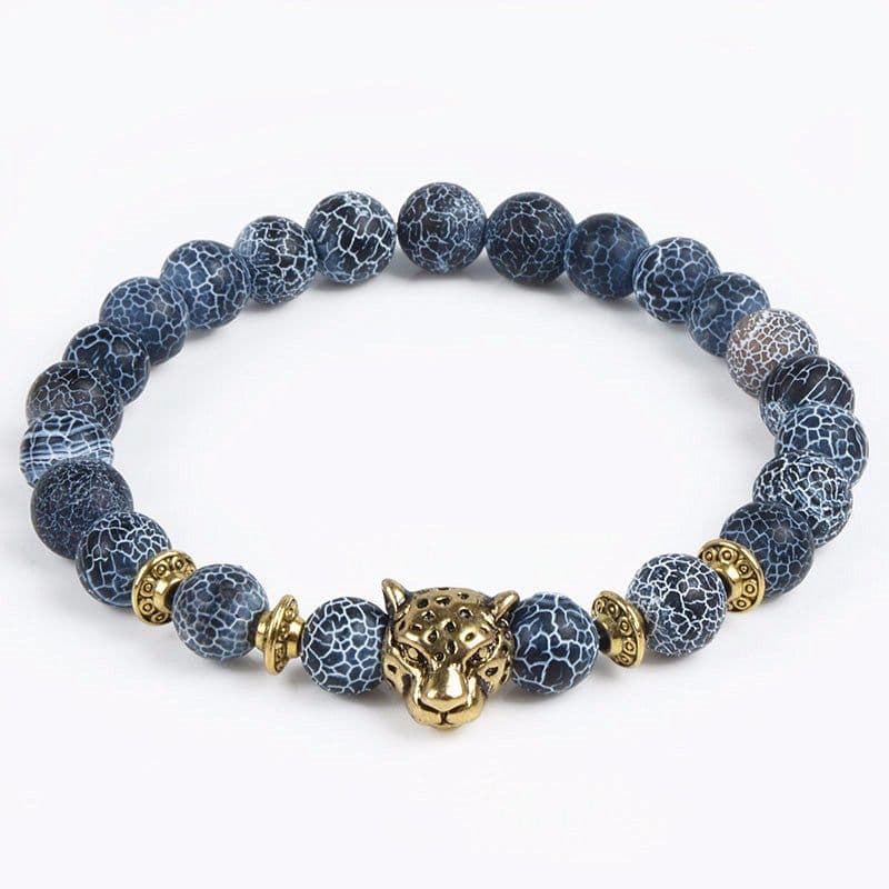 image-Jewelry European and American Jewelry 8MM Black Wind Fossil Agate Bracelet Alloy Leopard Head Beaded Bracelet
