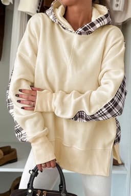 image-Beige Plaid Patchwork Hoodie Side Slit