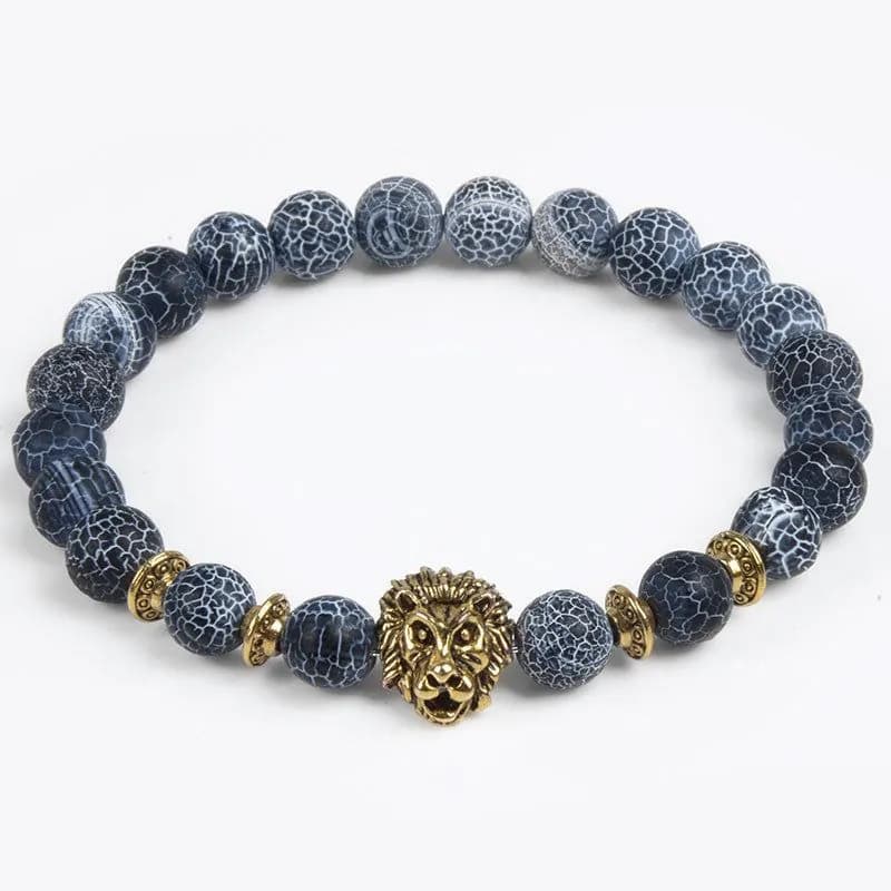 image-Jewelry European and American Jewelry 8MM Black Wind Fossil Agate Bracelet Alloy Leopard Head Beaded Bracelet