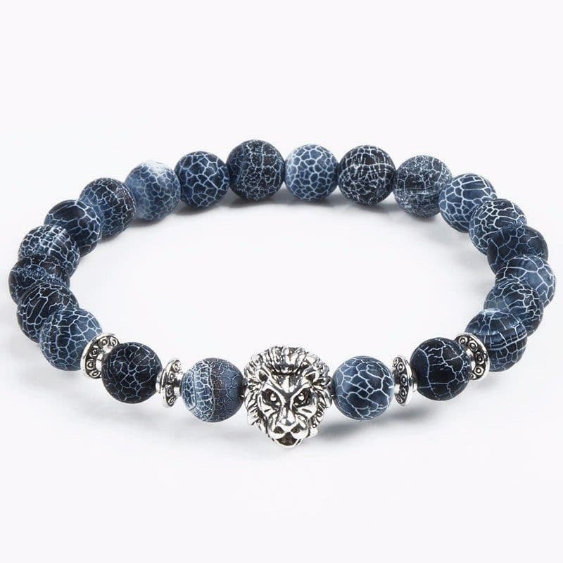 image-Jewelry European and American Jewelry 8MM Black Wind Fossil Agate Bracelet Alloy Leopard Head Beaded Bracelet