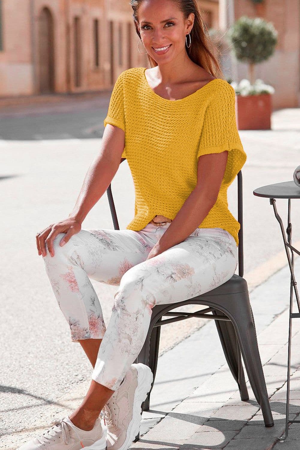 image-Pink Solid Loose Knit Short Dolman Sleeve Sweater