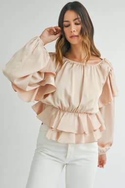 image-Oatmeal Ruffled Peplum Blouse - Keyhole Back, Size S-XL