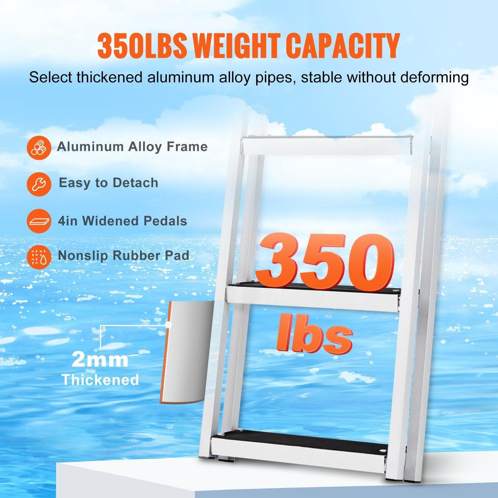 image-VEVOR Dock Ladder, Removable 3 Steps, 350 lbs Load Capacity, Aluminum Alloy Pontoon Boat Ladder with 4'' Wide Step & Nonslip Mat, Easy to Install for Ship/Lake/Pool/Marine Boarding