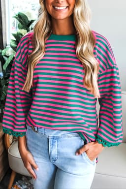 image-Sachet Pink Striped Print Drop Shoulder Lace Trim Bracelet Sleeve Loose Top
