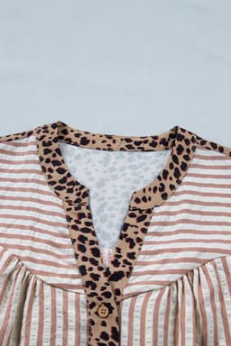 image-Pink Stripe Leopard Trim V Neck Button Down Shirt