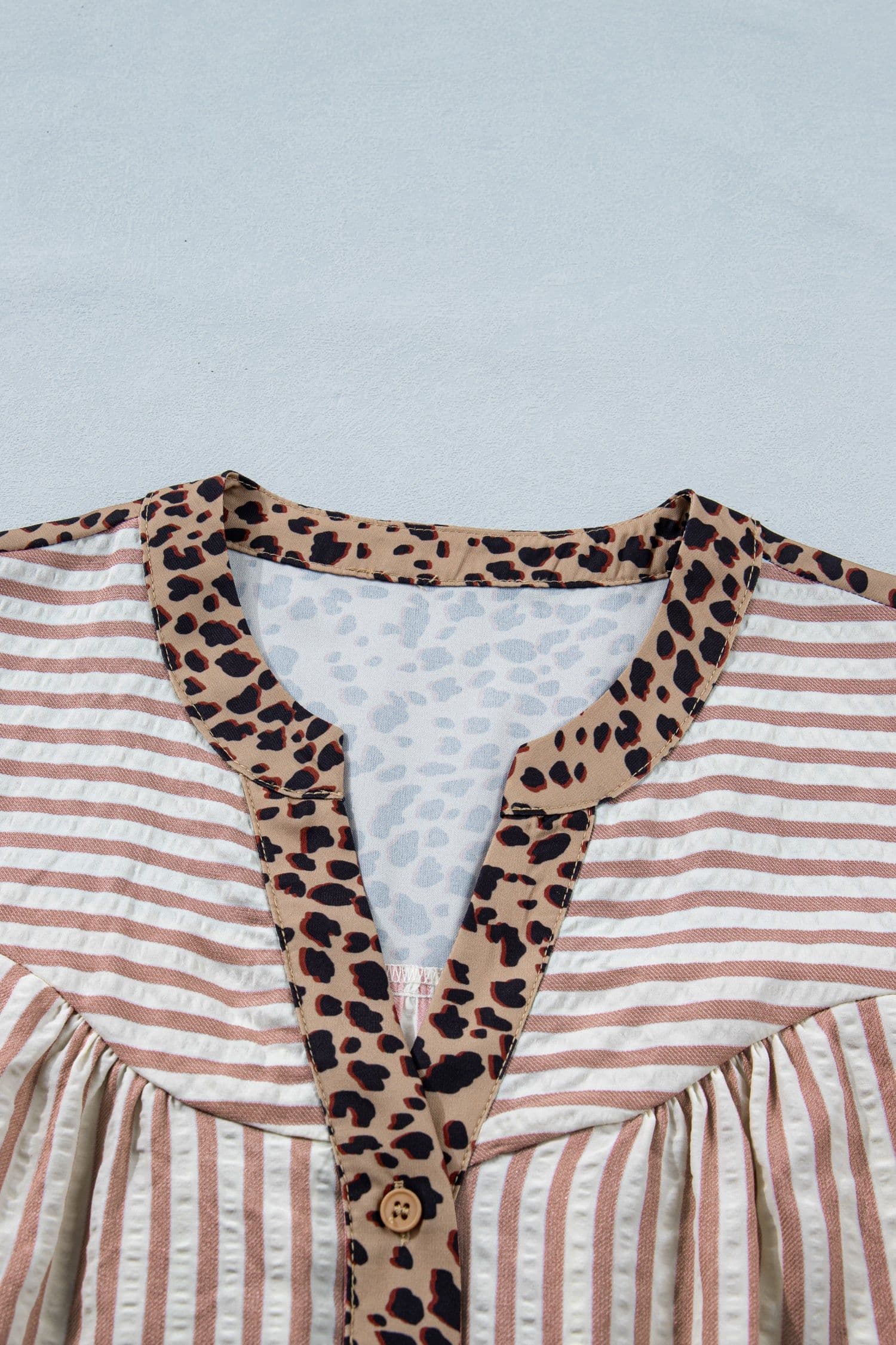 image-Pink Stripe Leopard Trim V Neck Button Down Shirt