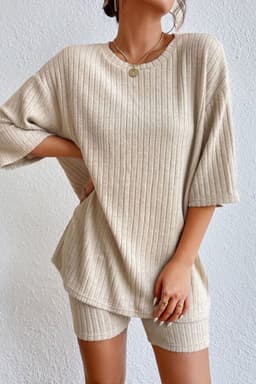 image-Apricot Plain Ribbed Loose Fit Two Piece Lounge Set