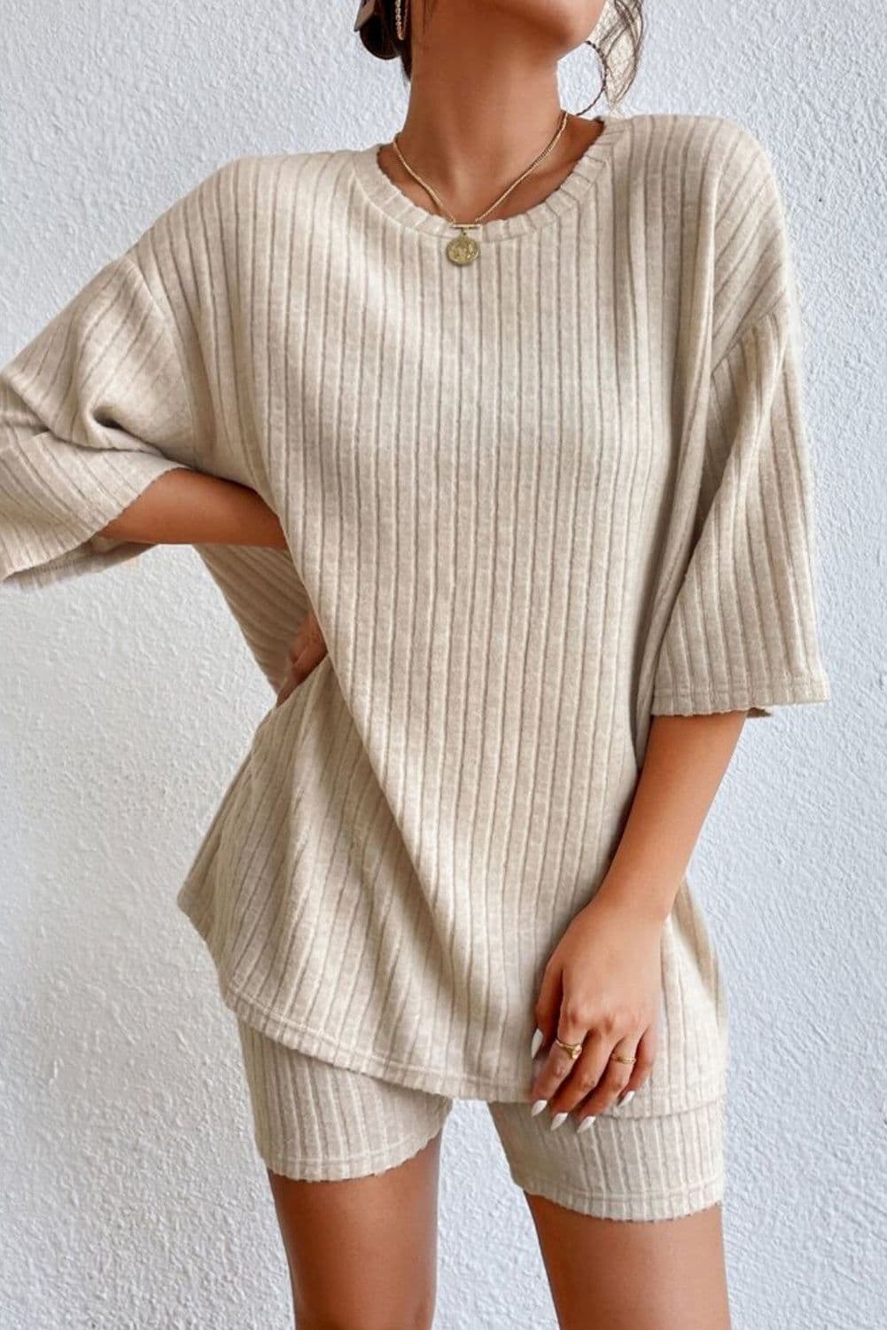 image-Apricot Plain Ribbed Loose Fit Two Piece Lounge Set