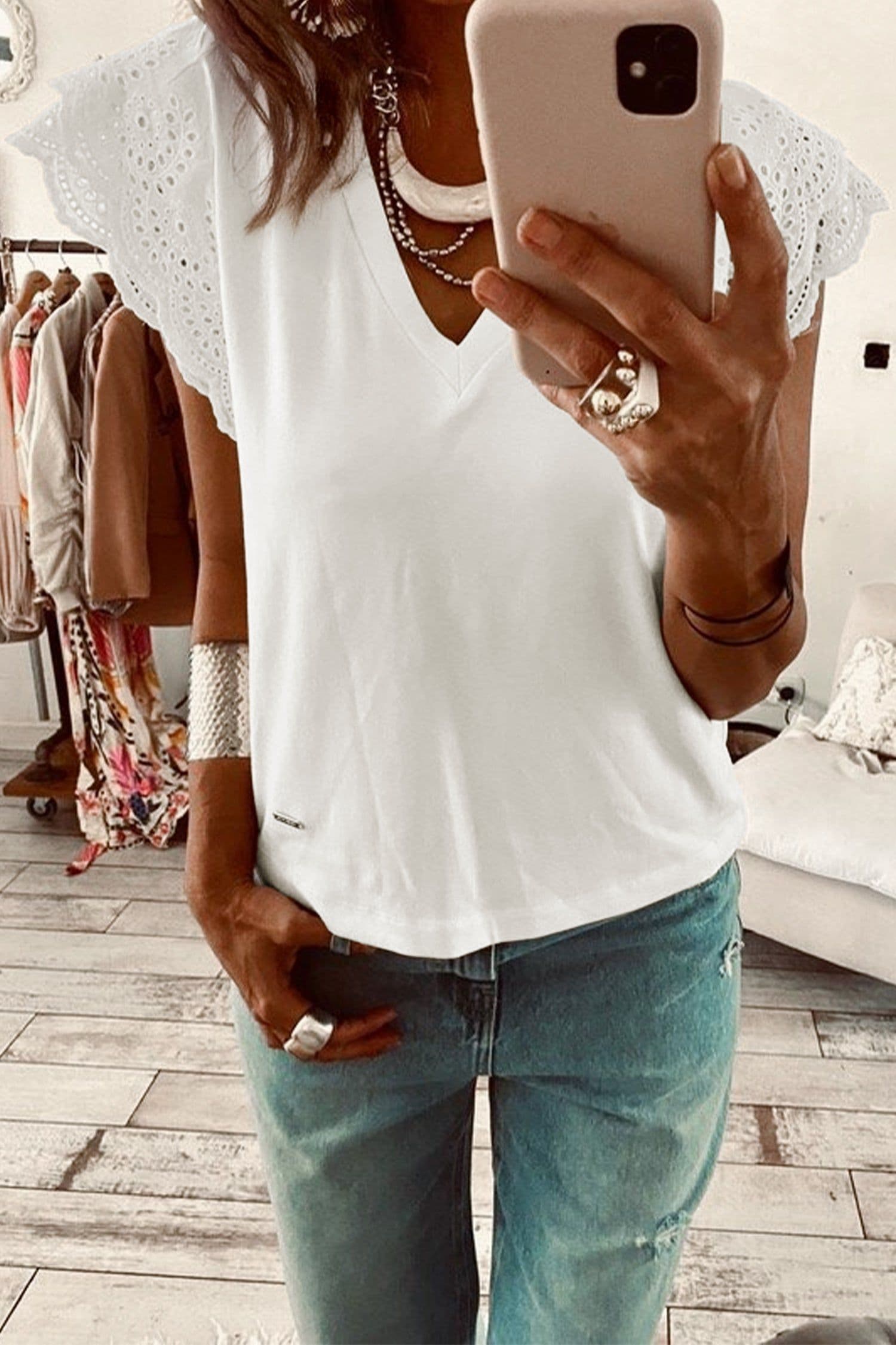 image-White Eyelet Embroidered Flutter Sleeve V-Neck Tee - 95% Cotton