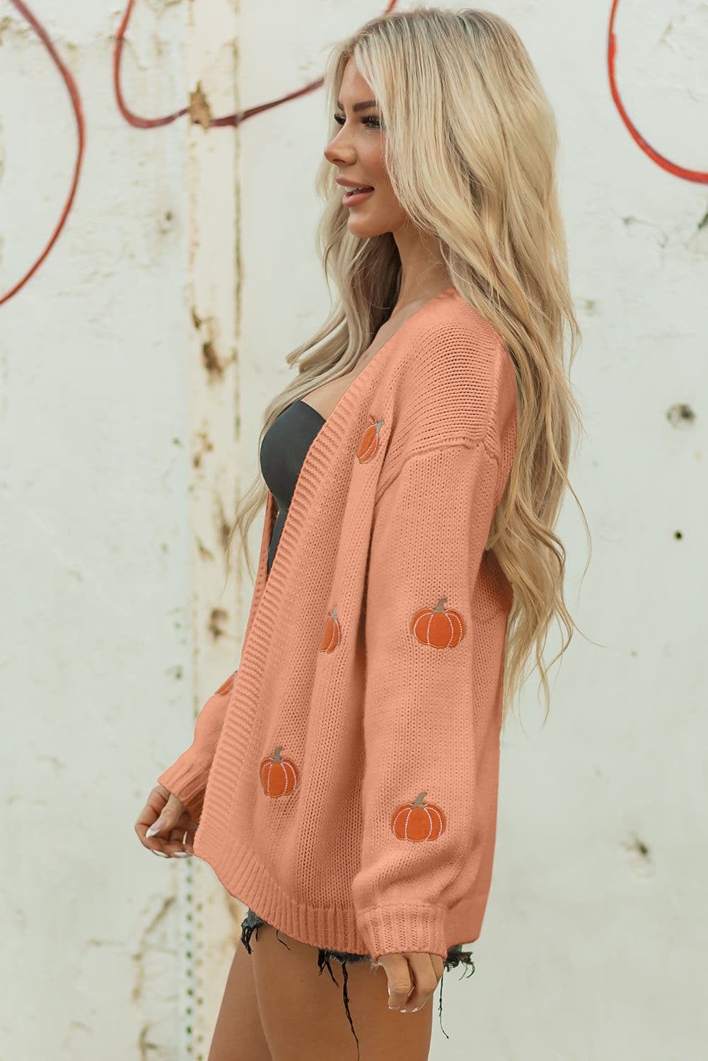 image-Straw Yellow Pumpkin Print Cardigan - Open Front