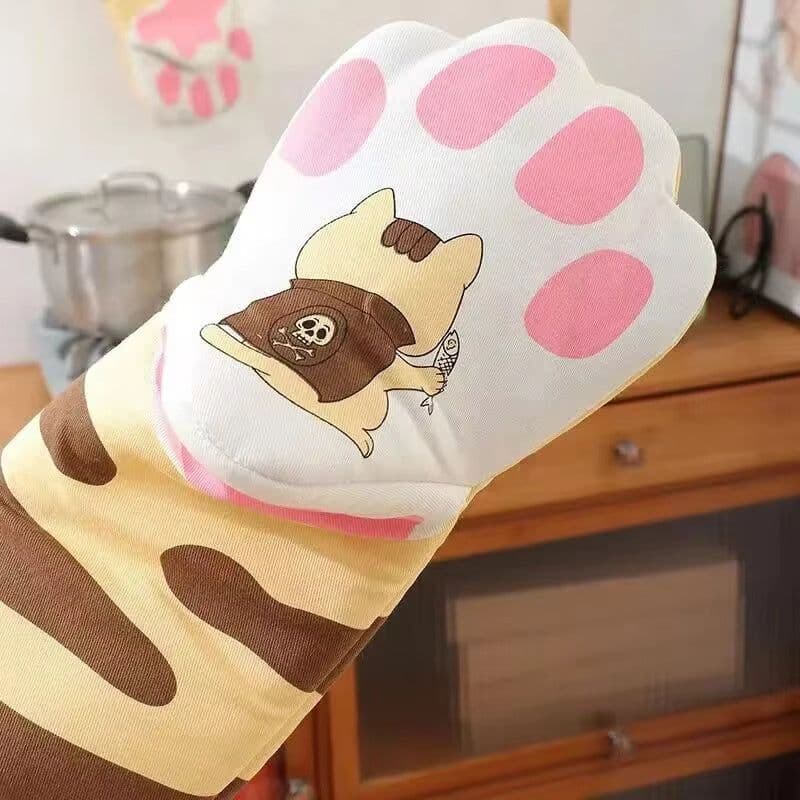 image-Microwave Long Cotton Gloves Cute Cat Paws Oven Insulation Gloves Heat Resistant Non-Slip Single Glove Kitchen Baking Supplies