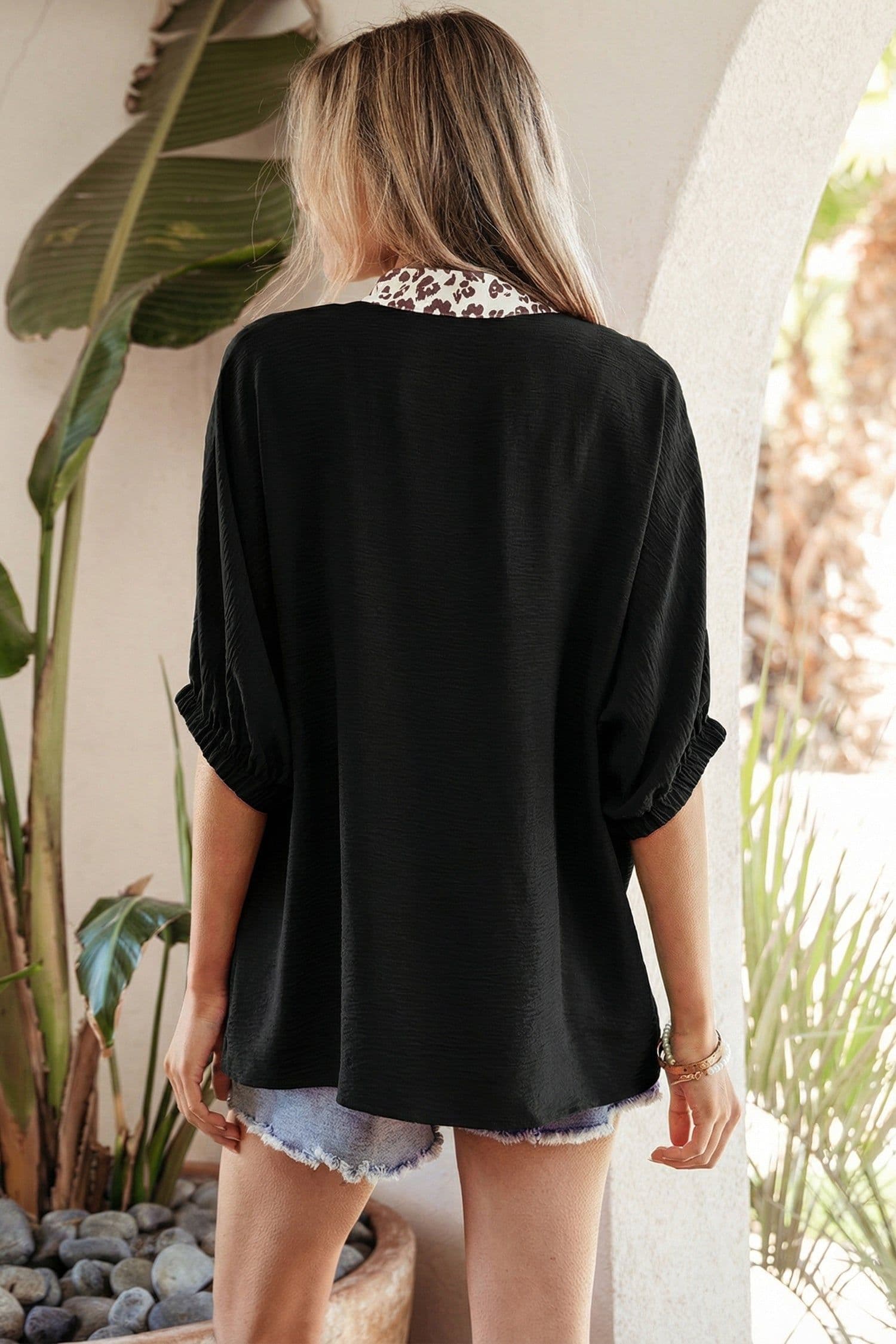 image-Black Dolman Half Sleeve Leopard Patchwork V Neck Blouse