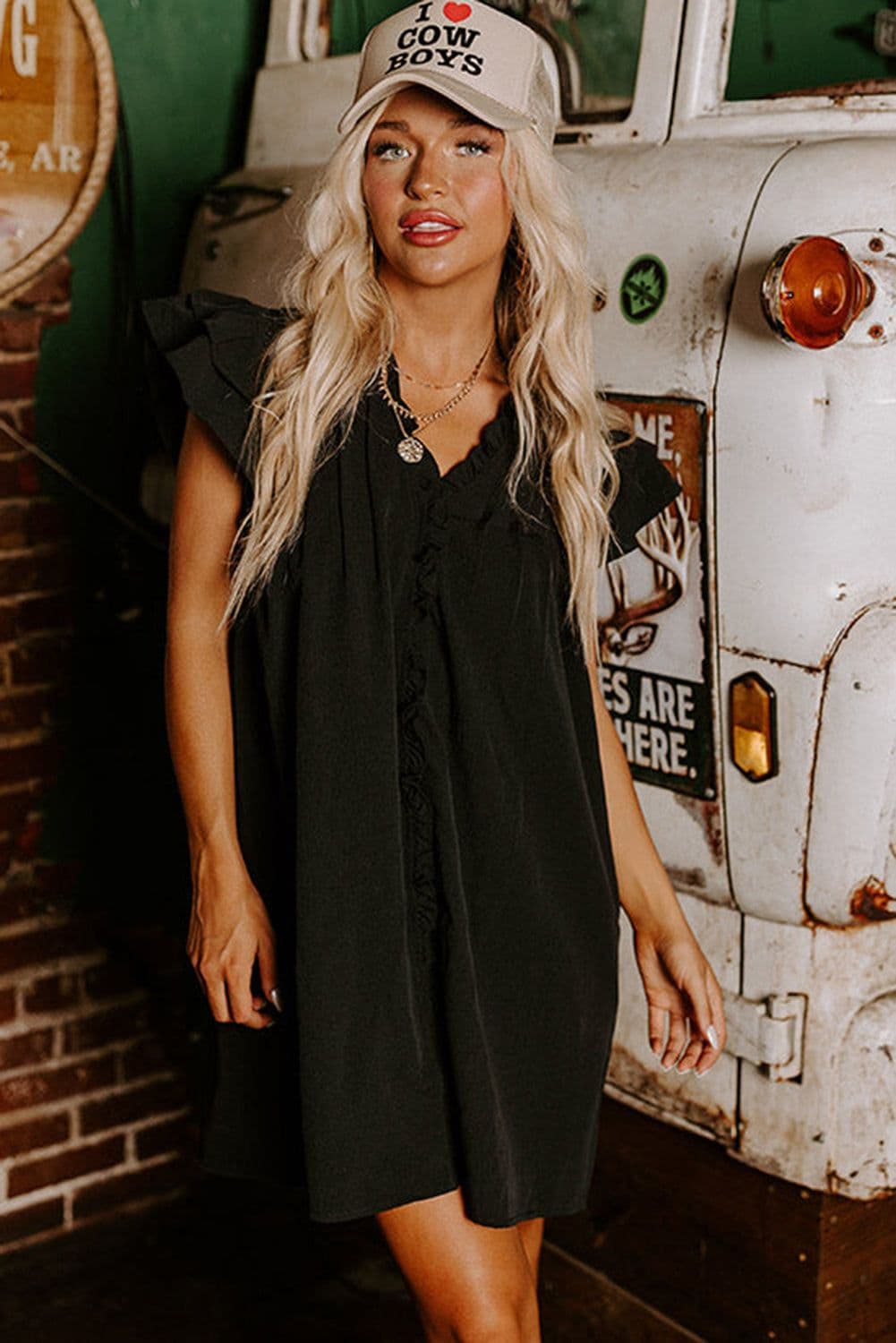 image-Black Ruffle Sleeve V Neck Frilled Shift Dress